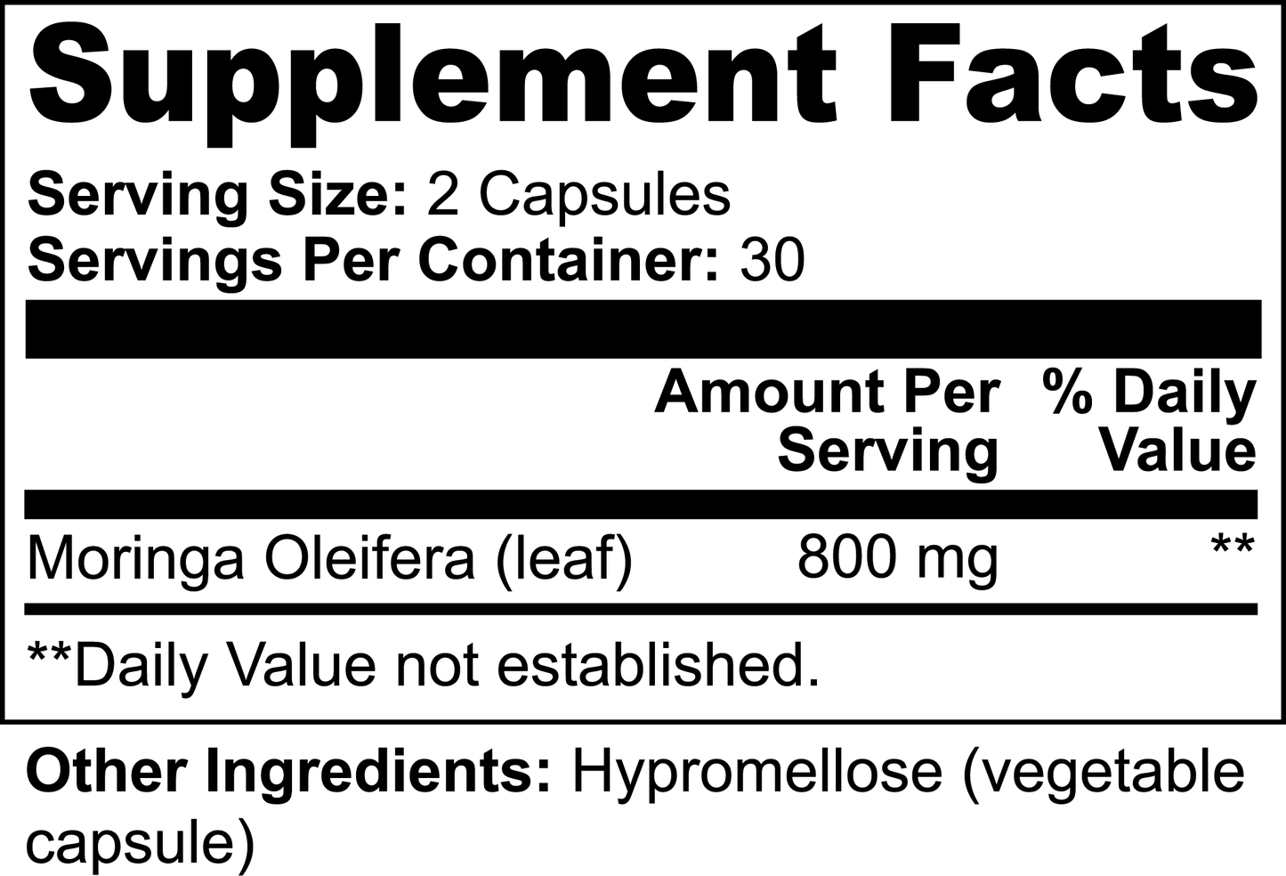 Supplement facts for Pure Moringa capsules showing serving size and ingredients.
